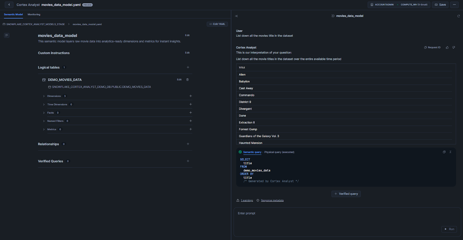 Interacting with Snowflake Cortex Analyst app via Snowflake Snowsight - Snowflake Cortex - Snowflake Cortex Analyst - Cortex Analyst - Agentic AI - Large Language Models - State-of-the-art Large Language Models - LLMs - Meta Llama - Mistral models - Azure OpenAI - YAML - Sentiment Analysis - Semantic Model - Semantic Data Model - Snowflake Semantic Model - Snowflake AI - Snowflake AI and ML - Snowflake AI and ML Studio - Snowsight - Snowflake Snowsight - Text to SQL - Self Serve Business Intelligence - Conversational Analytics - Snowflake Streamlit - Streamlit - Self Serve Analytics - Text Classification - Snowflake Stage - Snowflake Create Stage - Snowflake External Stage - Snowflake Internal Stage - Snowflake Roles - Natural Language Queries - Natural Language SQL Query - Snowflake ACCOUNT_USAGE - Snowflake REST API - REST API Integration - Snowflake RBAC - Snowflake Virtual Warehouse - Multi-turn Conversation - Multi-turn Chatbot - LLM Powered - Semantic View - Snowflake Warehouse Configuration - Snowflake CORTEX_USER - Cortex Analyst Cost - Cortex Analyst Limitations