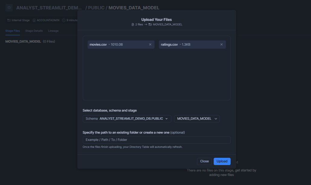Uploading movies and ratings dataset into Snowflake Stage - Snowflake Cortex - Snowflake Cortex Analyst - Cortex Analyst - Agentic AI - Large Language Models - State-of-the-art Large Language Models - LLMs - Meta Llama - Mistral models - Azure OpenAI - YAML - Sentiment Analysis - Semantic Model - Semantic Data Model - Snowflake Semantic Model - Snowflake AI - Snowflake AI and ML - Snowflake AI and ML Studio - Snowsight - Snowflake Snowsight - Text to SQL - Self Serve Business Intelligence - Conversational Analytics - Snowflake Streamlit - Streamlit - Self Serve Analytics - Text Classification - Snowflake Stage - Snowflake Create Stage - Snowflake External Stage - Snowflake Internal Stage - Snowflake Roles - Natural Language Queries - Natural Language SQL Query - Snowflake ACCOUNT_USAGE - Snowflake REST API - REST API Integration - Snowflake RBAC - Snowflake Virtual Warehouse - Multi-turn Conversation - Multi-turn Chatbot - LLM Powered - Semantic View - Snowflake Warehouse Configuration - Snowflake CORTEX_USER - Cortex Analyst Cost - Cortex Analyst Limitations
