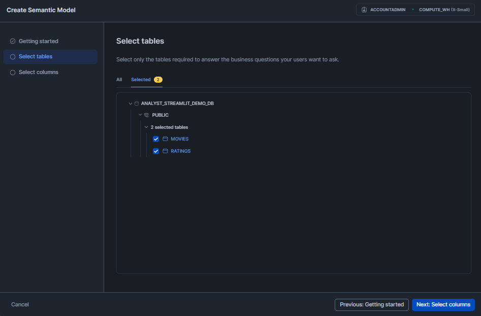 Picking the Source table for Semantic Model - Snowflake Cortex - Snowflake Cortex Analyst - Cortex Analyst - Agentic AI - Large Language Models - State-of-the-art Large Language Models - LLMs - Meta Llama - Mistral models - Azure OpenAI - YAML - Sentiment Analysis - Semantic Model - Semantic Data Model - Snowflake Semantic Model - Snowflake AI - Snowflake AI and ML - Snowflake AI and ML Studio - Snowsight - Snowflake Snowsight - Text to SQL - Self Serve Business Intelligence - Conversational Analytics - Snowflake Streamlit - Streamlit - Self Serve Analytics - Text Classification - Snowflake Stage - Snowflake Create Stage - Snowflake External Stage - Snowflake Internal Stage - Snowflake Roles - Natural Language Queries - Natural Language SQL Query - Snowflake ACCOUNT_USAGE - Snowflake REST API - REST API Integration - Snowflake RBAC - Snowflake Virtual Warehouse - Multi-turn Conversation - Multi-turn Chatbot - LLM Powered - Semantic View - Snowflake Warehouse Configuration - Snowflake CORTEX_USER - Cortex Analyst Cost - Cortex Analyst Limitations