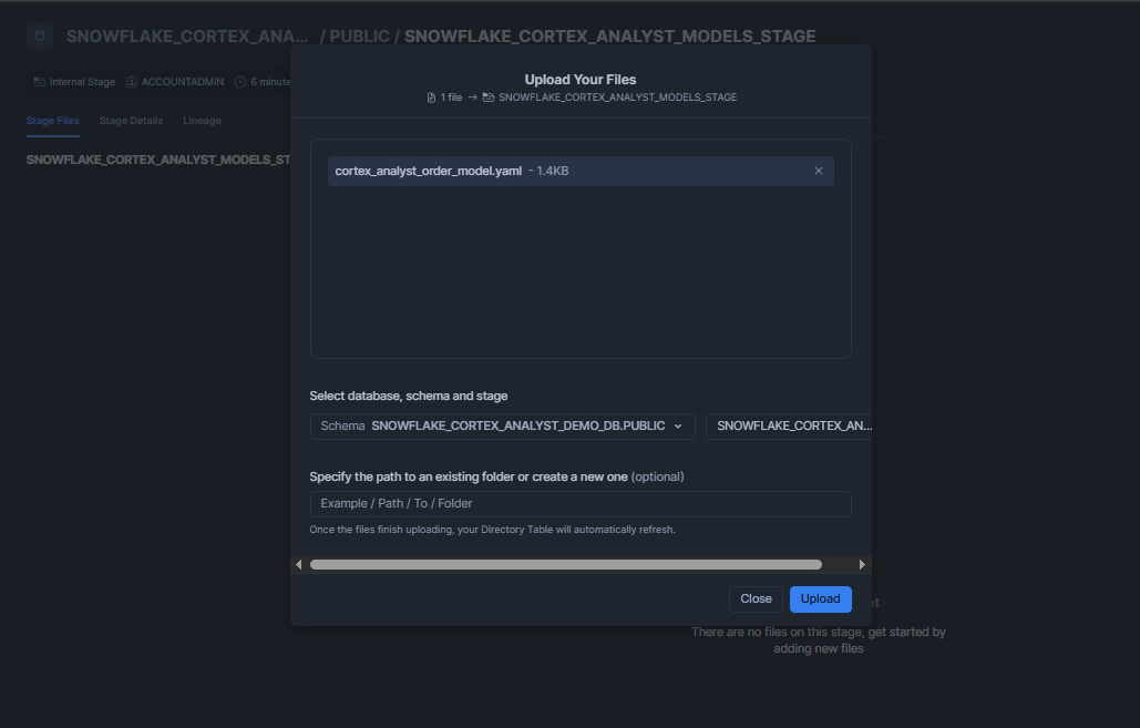 Uploading YAML file via Snowflake Snowsight - Snowflake Cortex - Snowflake Cortex Analyst - Cortex Analyst - Agentic AI - Large Language Models - State-of-the-art Large Language Models - LLMs - Meta Llama - Mistral models - Azure OpenAI - YAML - Sentiment Analysis - Semantic Model - Semantic Data Model - Snowflake Semantic Model - Snowflake AI - Snowflake AI and ML - Snowflake AI and ML Studio - Snowsight - Snowflake Snowsight - Text to SQL - Self Serve Business Intelligence - Conversational Analytics - Snowflake Streamlit - Streamlit - Self Serve Analytics - Text Classification - Snowflake Stage - Snowflake Create Stage - Snowflake External Stage - Snowflake Internal Stage - Snowflake Roles - Natural Language Queries - Natural Language SQL Query - Snowflake ACCOUNT_USAGE - Snowflake REST API - REST API Integration - Snowflake RBAC - Snowflake Virtual Warehouse - Multi-turn Conversation - Multi-turn Chatbot - LLM Powered - Semantic View - Snowflake Warehouse Configuration - Snowflake CORTEX_USER - Cortex Analyst Cost - Cortex Analyst Limitations