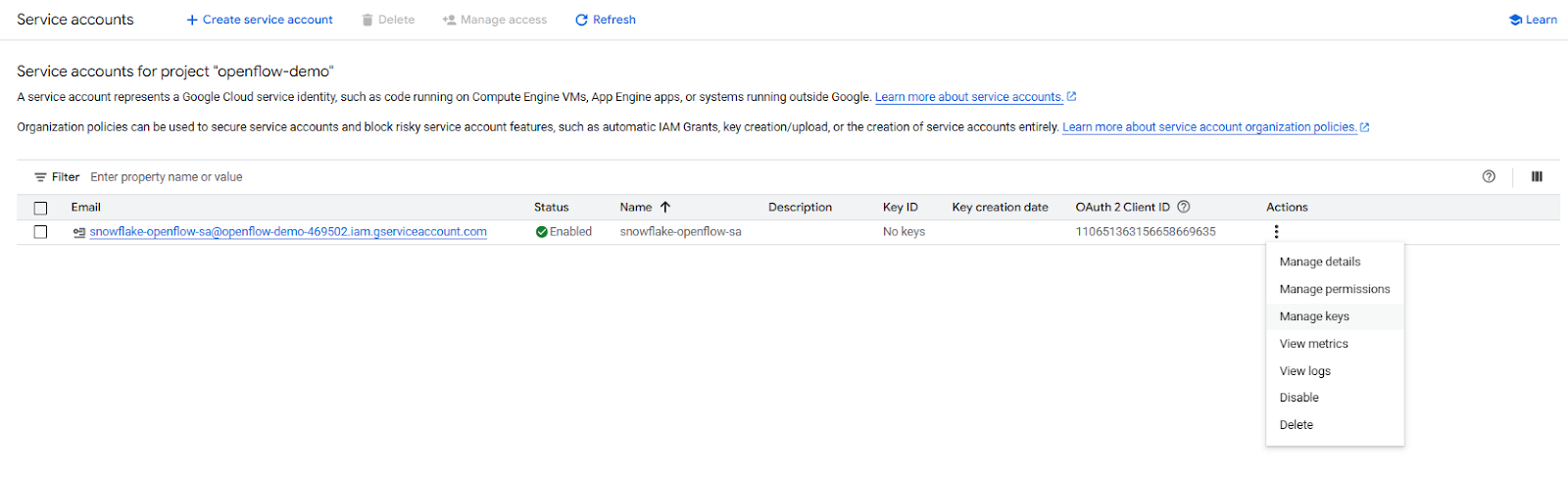 Creating Google Service Account and Key - Openflow - Snowflake Openflow - ETL - Extract Transform Load - ETL Tools - Virtual Private Cloud - VPC - AWS VPC - AWS Virtual Private Cloud - VPC Mode - RBAC - Snowflake RBAC - CloudFormation - AWS CloudFormation - Apache NiFi - NiFi - NiFi Processors - Data Integration - Data Integration Tools - Snowflake Cortex - BYOC - Bring Your Own Cloud - Control Plane - Openflow Control Plane - Snowflake Connectors - OAuth2 Authentication - Data Plane - Control and Data Plane - Snowpark Container Services - Snowflake SPCS - Snowflake Integration - Snowflake Data Integration - Snowpipe - Snowflake Snowpipe - Google Drive Integration - Snowflake COPY - Snowflake Image Repository - Snowflake Openflow Connector - Openflow Deployment - Openflow agent - Snowflake Openflow Setup - Snowflake Openflow Tutorial