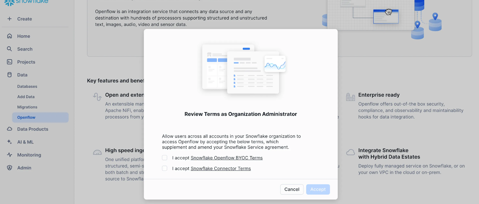 Accepting Snowflake Openflow Terms of Service - Openflow - Snowflake Openflow - ETL - Extract Transform Load - ETL Tools - Virtual Private Cloud - VPC - AWS VPC - AWS Virtual Private Cloud - VPC Mode - RBAC - Snowflake RBAC - CloudFormation - AWS CloudFormation - Apache NiFi - NiFi - NiFi Processors - Data Integration - Data Integration Tools - Snowflake Cortex - BYOC - Bring Your Own Cloud - Control Plane - Openflow Control Plane - Snowflake Connectors - OAuth2 Authentication - Data Plane - Control and Data Plane - Snowpark Container Services - Snowflake SPCS - Snowflake Integration - Snowflake Data Integration - Snowpipe - Snowflake Snowpipe - Google Drive Integration - Snowflake COPY - Snowflake Image Repository - Snowflake Openflow Connector - Openflow Deployment - Openflow agent - Snowflake Openflow Setup - Snowflake Openflow Tutorial