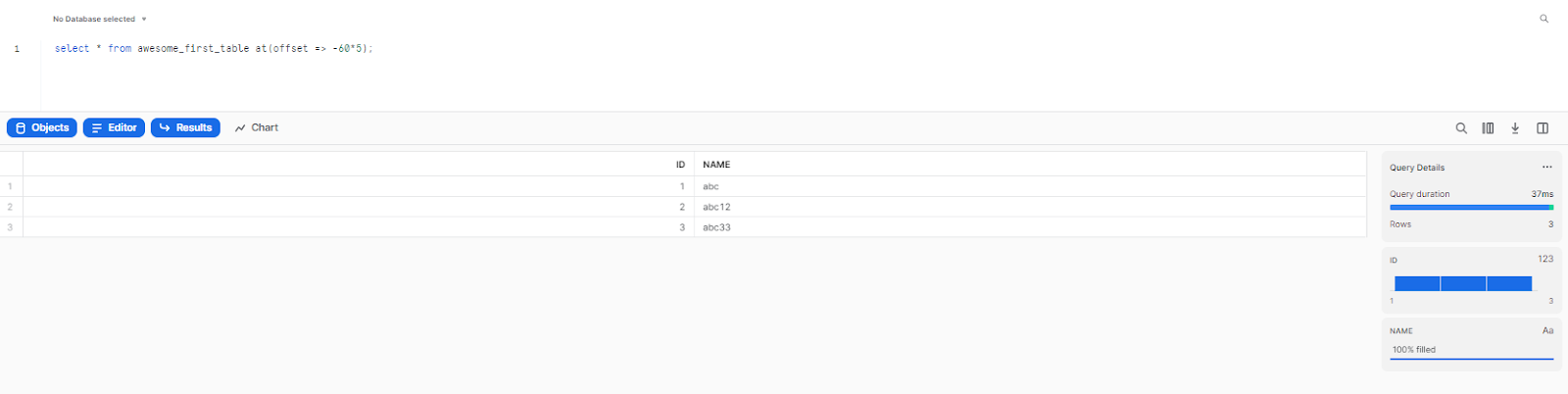 Select all from awesome_first_table (with time offset 5 min) - snowflake time travel - time travel snowflake - time travel in snowflake - snowflake time travel query - snowflake restore table from time travel - snowflake time travel syntax - what is time travel in snowflake - snowflake time travel query example - snowflake time travel cost - what is snowflake time travel