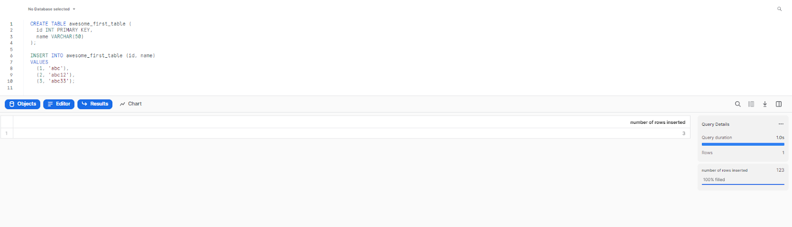 Create and insert into awesome_first_table - snowflake time travel - time travel snowflake - time travel in snowflake - snowflake time travel query - snowflake restore table from time travel - snowflake time travel syntax - what is time travel in snowflake - snowflake time travel query example - snowflake time travel cost - what is snowflake time travel