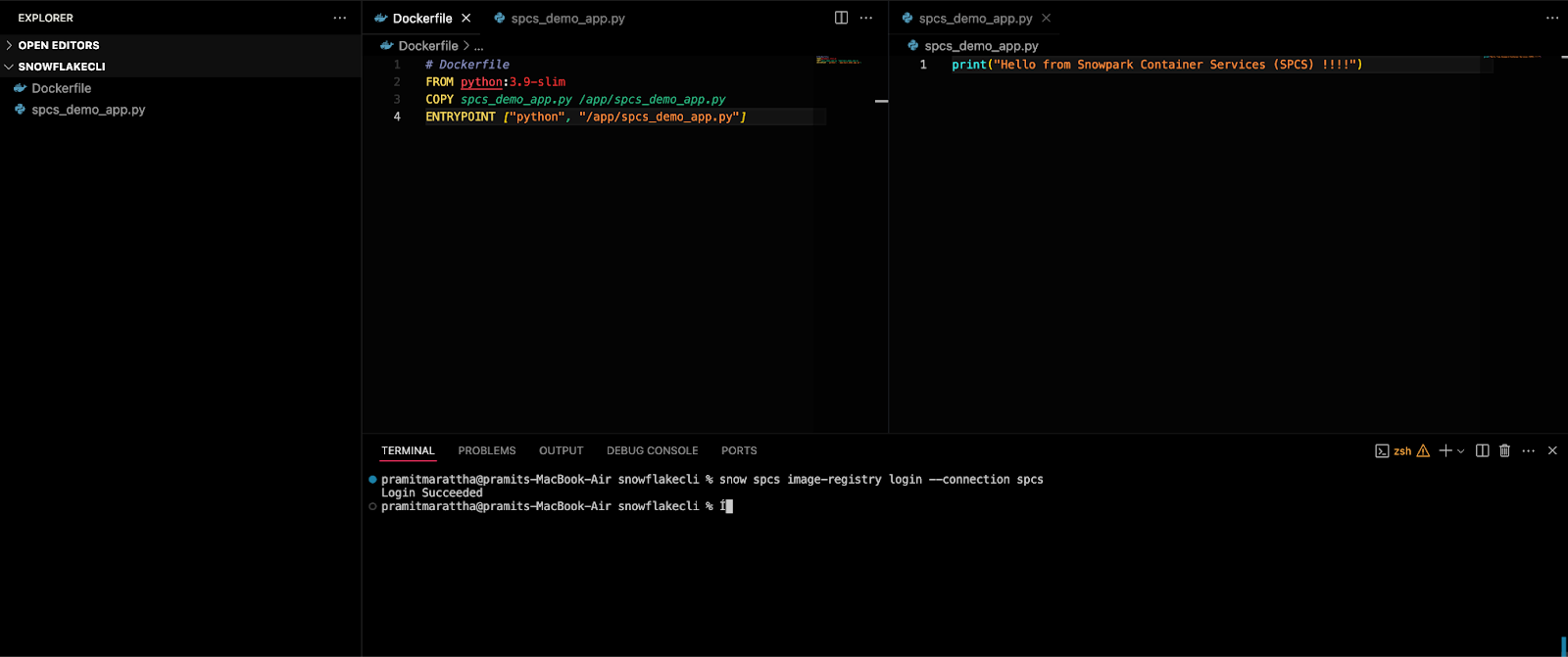 DOCKERFILE and Python script content - Snowflake Snowpark Container Services - Snowflake SPCS - Docker Desktop - Docker CLI - Snowflake CLI - Snowflake Image Repository