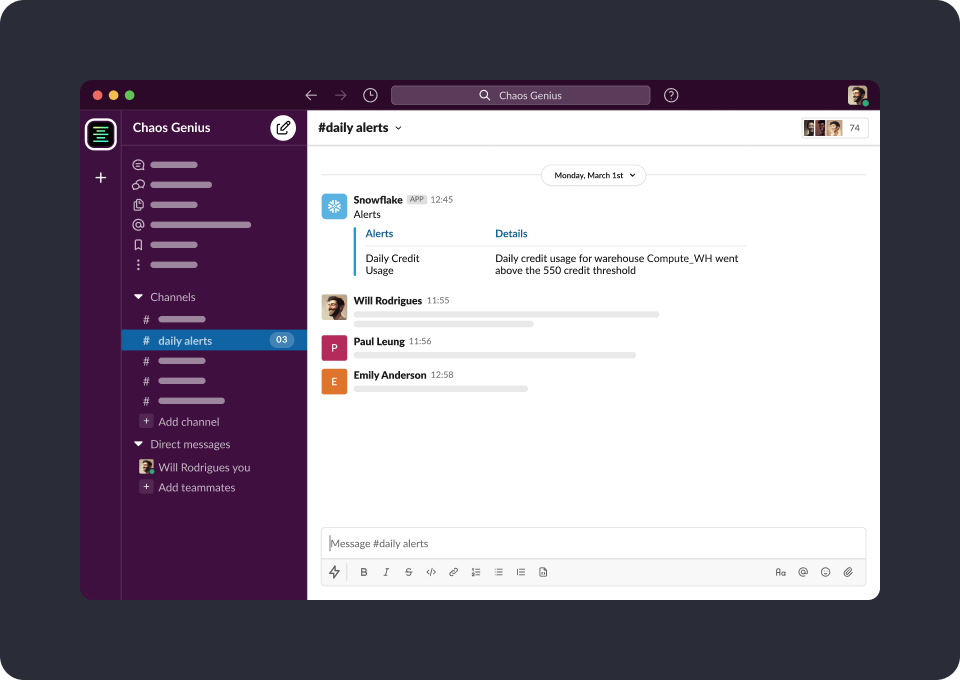 Chaos Genius dashboard — Slack alerts for Snowflake monitoring and notifications.